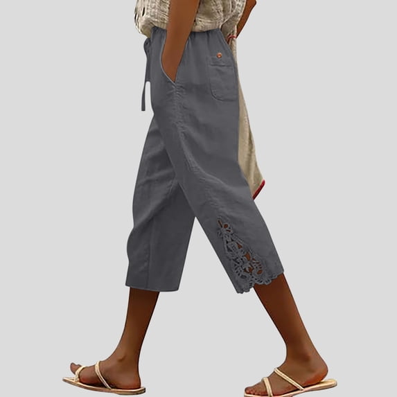 Vivianyo HD Women's Lace Crochet Hem Casual Capri Pants, Drawstring Elastic Waist Patch Pocket Solid Linen Blend Summer Capris for Women, Women's Gray, Sizes S-2XL