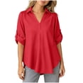 thumbnail image 1 of Vivianyo HD Women's Lace Detail Roll Tab Sleeve Blouse, V-Neck Casual Shirt for Women, Women's Red, Sizes S-4XL, 1 of 6