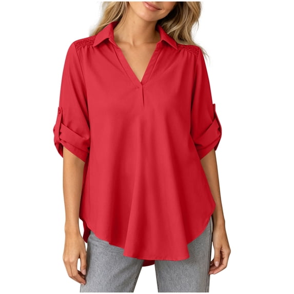 Vivianyo HD Women's Lace Detail Roll Tab Sleeve Blouse, V-Neck Casual Shirt for Women, Women's Red, Sizes S-4XL