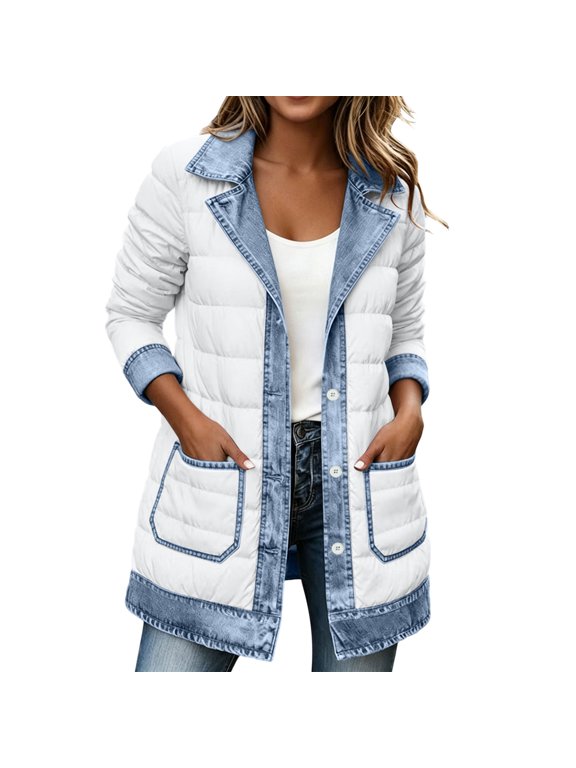 Women's Laple Collar Denim Trim Long Quilted Puffer Jacket, Long Sleeve Button Down Winter Coat with Patch Pockets, Sizes S-3XL
