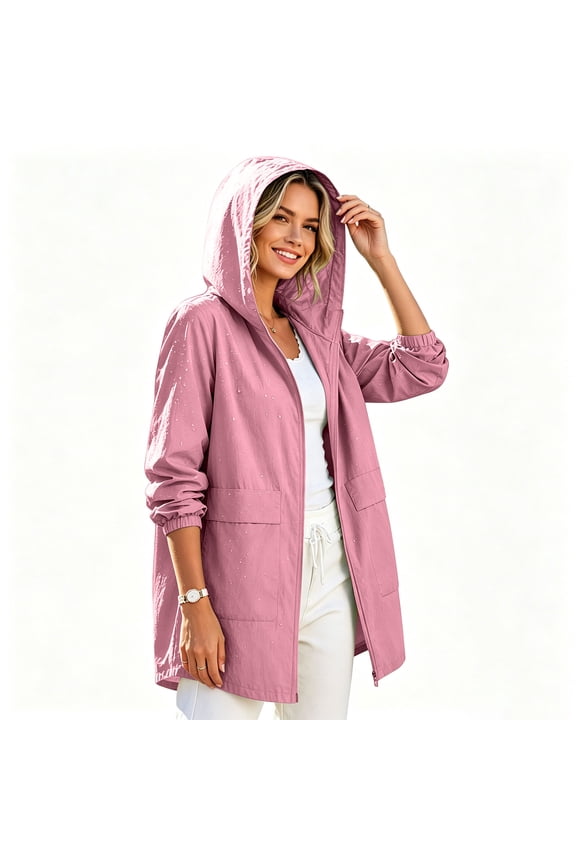 Women's Lightweight Soft Shell Outdoor Wind Jackets, Quick Dry Breathable Hooded Hiking Camping Outer Tops With Patch Pockets for Women, Women's Pink, Sizes S-3XL