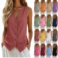 thumbnail image 1 of Vivianyo HD Women's Linen Blend Button Down Vest, Sleeveless V-Neck Waistcoat for Women，Summer Casual Tank Tops Everyday Wear, Women's Watermelon Red, Sizes S-2XL, 1 of 6