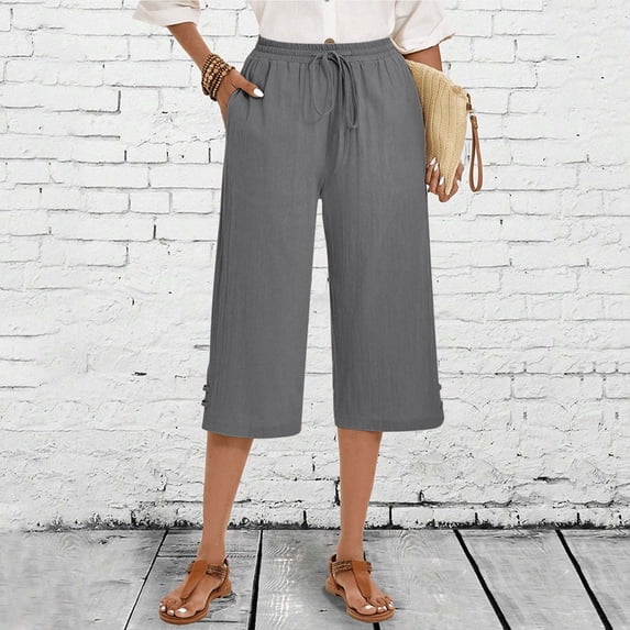 Vivianyo HD Women's Linen Blend Summer Casual Capri Pants with Elastic Waistband & Side Pockets,Gray,Size S-XXL
