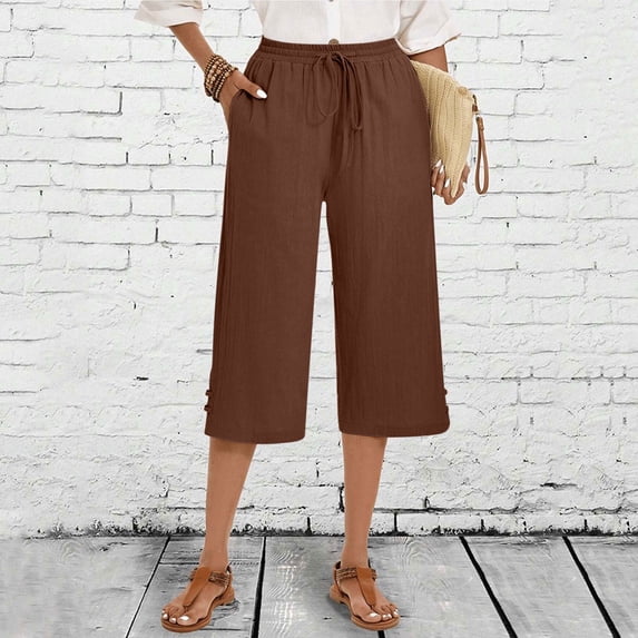 Vivianyo HD Women's Linen Blend Summer Casual Capri Pants with Elastic Waistband & Side Pockets,Brown,Size S-XXL