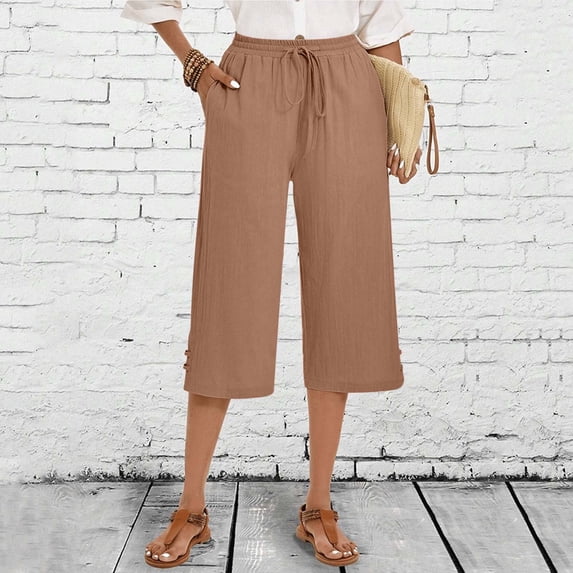 Vivianyo HD Women's Linen Blend Summer Casual Capri Pants with Elastic Waistband & Side Pockets,Pink,Size S-XXL