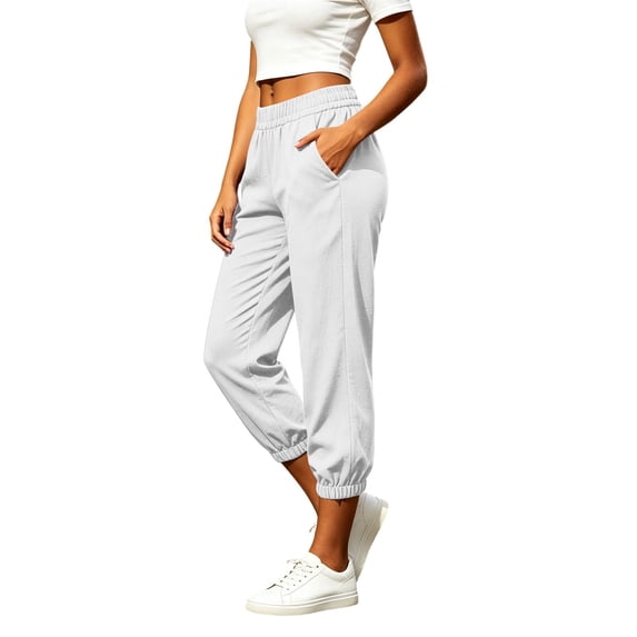 Vivianyo HD Women's Linen Blend Summer Jogger Capri Pants, Elastic Cuff Elastic Waist Side Pocket Solid Cropped Jogger Trousers for Women Outdoor Running, Women's White, Sizes S-2XL