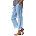 thumbnail image 1 of Vivianyo HD Women's Linen Pull On Casual Long Pants, Fall Lightweight Elastic Waist Straight Leg Full Length Trousers for Travel Daily Casual Wear, Sizes S-5XL, 1 of 7