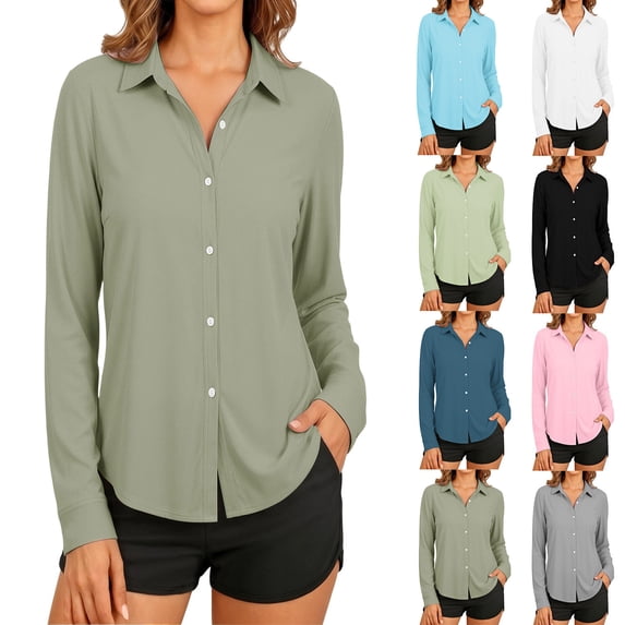 Vivianyo HD Women's Long Sleeve Button Down Shirt, Collared Casual Blouse for Women Work Wear, Women's Beige, Sizes S-3XL