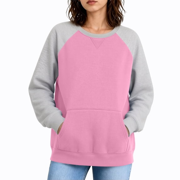 Vivianyo HD Women's Long Sleeve Color Block Raglan Sweatshirt, Womens Contrast Crew Neck Loose Pullover Top, Fall Casual Knit for Shopping and Casual Meet‑Up, Sizes S-2XL