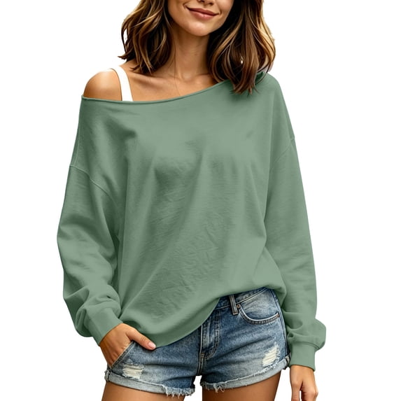 Vivianyo HD Women's Long Sleeve Off Shoulder Sweatshirt, Drop Shoulder Solid Loose Casual Spring Fall Lightweight Pullover Tops for Women, Sizes S-3XL