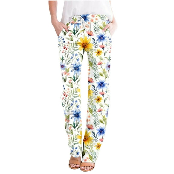 Vivianyo HD Women's Long Trousers Women's Daily Floral Print Casual Loose Fitting Wide Leg Straight Leg Pants