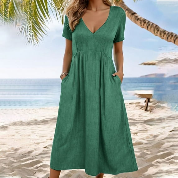 Vivianyo HD Women's Maxi Dress Women's Fashion Solid Color Short Sleeve V-Neck Waist In Dresses