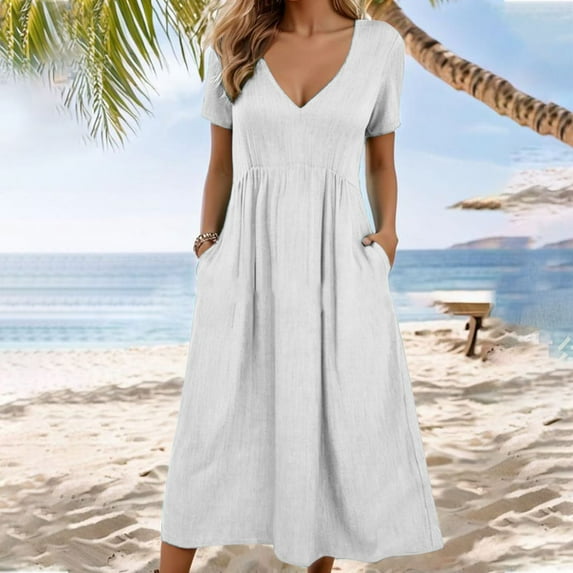 Vivianyo HD Women's Maxi Dress Women's Fashion Solid Color Short Sleeve V-Neck Waist In Dresses