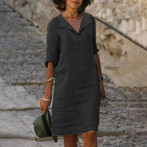 Vivianyo HD Women's Maxi Dress Women's Fashion V-Neck Half Sleeved Solid Pullover Dress