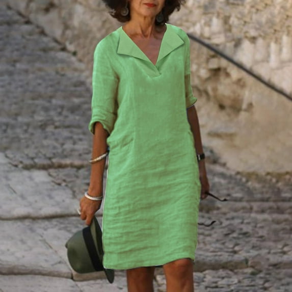 Vivianyo HD Women's Maxi Dress Women's Fashion V-Neck Half Sleeved Solid Pullover Dress