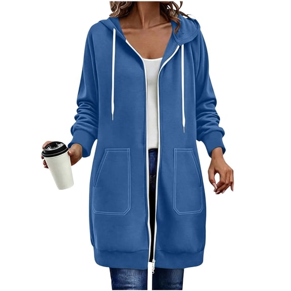 Vivianyo HD Women's Mid Length Dual Zip Up Hooded Sweatshirt, Contrast Stitch Patch Pocket Long Sleeve Fleece Hoodie for Daily Commute Wear, Sizes S-2XL