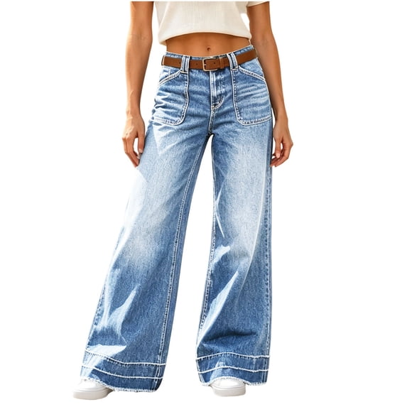 Vivianyo HD Women's Mid Rise Wide Leg Jeans with Patch Pocket, Pants For Women with Full‑Length Frayed‑Hem, Sizes XXS-2XL