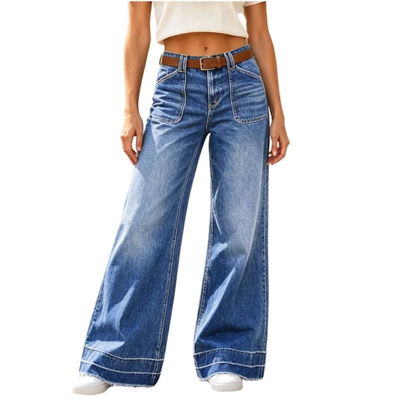 Vivianyo HD Women's Mid Rise Wide Leg Jeans with Patch Pocket, Pants For Women with Full‑Length Frayed‑Hem, Sizes XXS-2XL