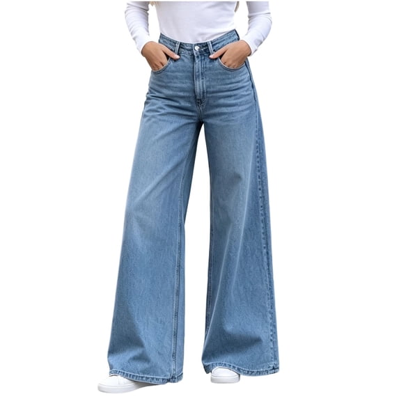 Vivianyo HD Women's Mid‑Rise Wide Leg Jeans with Pockets, Full‑Length Casual Pants For Women, Sizes XXS-XL