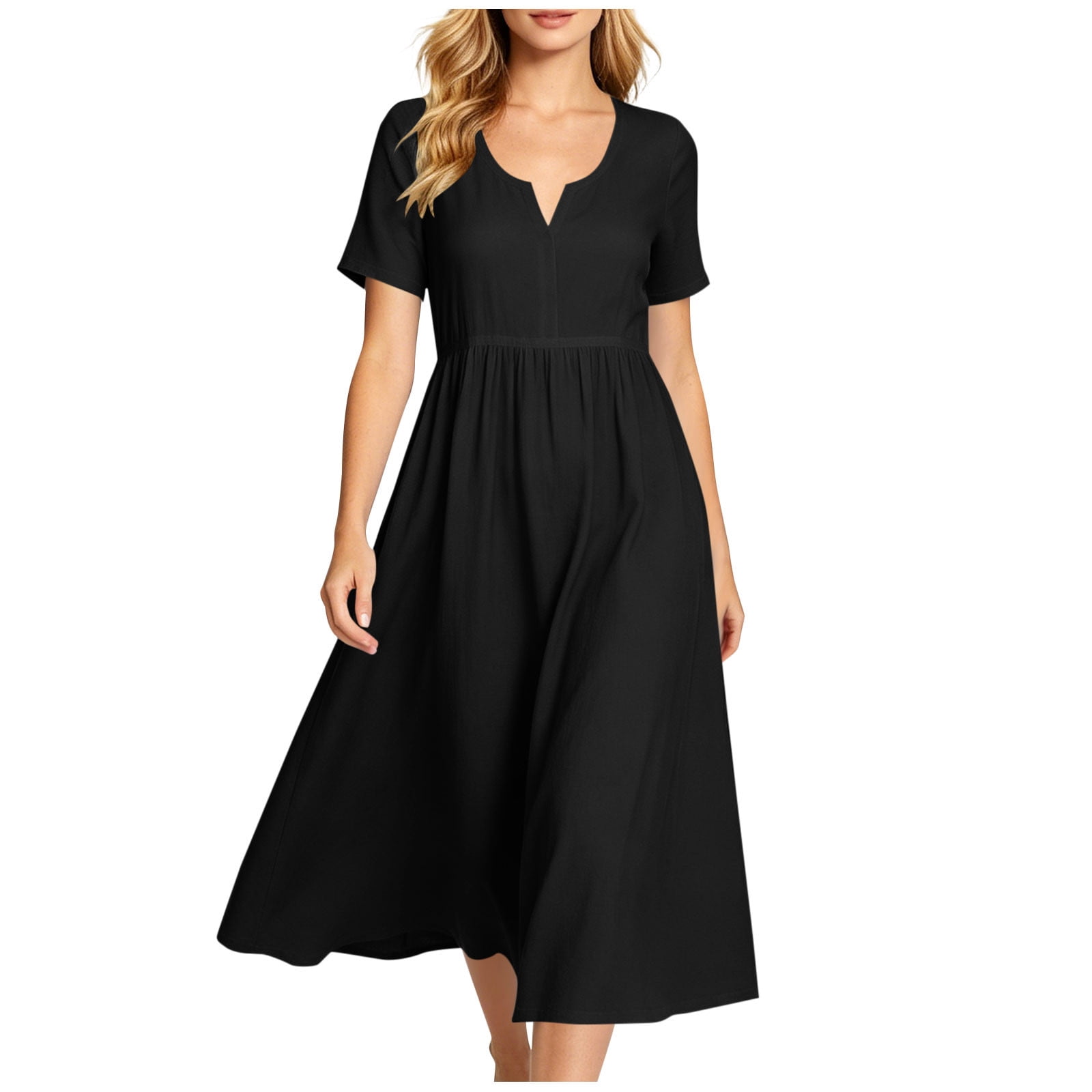 Vivianyo HD Women's Notch Neck Short Sleeve Midi Dress, Casual Empire Waist Dress for Women Flowy A-Line Pullover , Women's Army Green, Sizes S-5XL