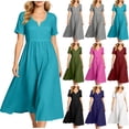 thumbnail image 1 of Vivianyo HD Women's Notch Neck Short Sleeve Midi Dress, Casual Empire Waist Dress for Women Flowy A-Line Pullover , Women's Sky Blue, Sizes S-5XL, 1 of 9