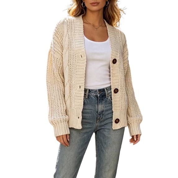 Vivianyo HD Women's Oversized Cable Knit Cardigan, Long Sleeve Button Front Textured Sweaters For Women, Sizes S-3XL