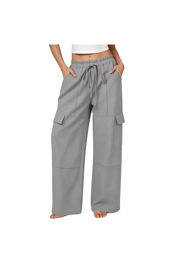 Women's Panel Seam Cargo Pants, Drawstring Waist Full Wide Leg Casual Trousers with Patch Pockets for Women, Women's Gray, Sizes S-2XL