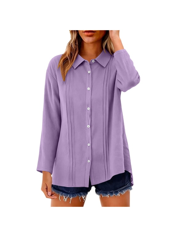 Women's Pintuck Button Down Shirt, Long Sleeve Casual Blouse for Women, Women's Purple, Sizes S-3XL