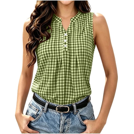 Vivianyo HD Women's Plaid Sleeveless Henley Top, Pleated Front Partial Button Blouse, Casual Vest for Women, Sizes S-2XL