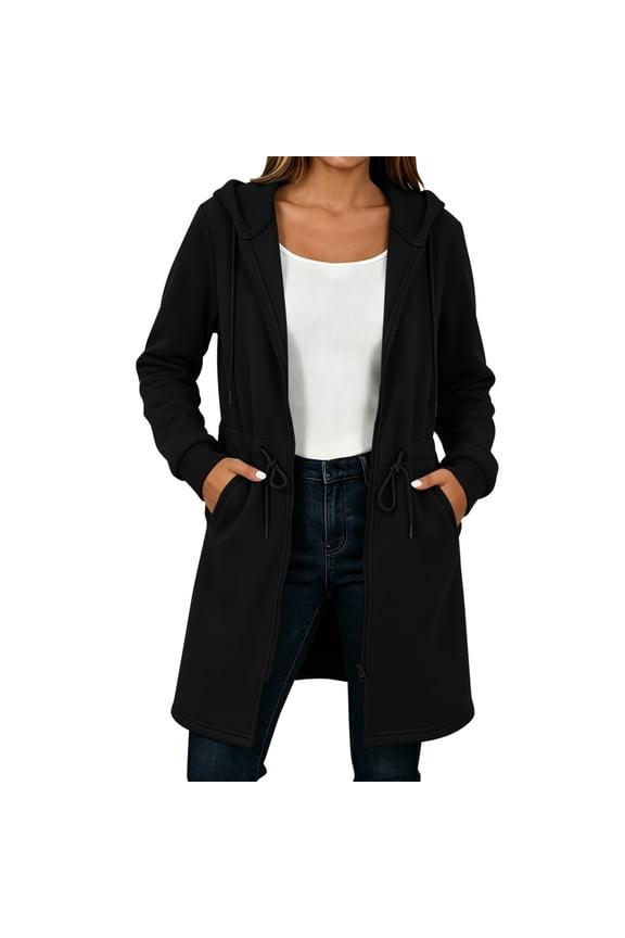 Women's Plain Hooded Zip Sweat Coats, Rib Cuff Long Sleeve Drawstring Waist Mid Length Knit Outerwear, Side Pockets for Women's Fall Winter Coat, Women's Black, Sizes S-2XL
