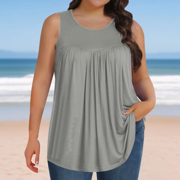Vivianyo HD Women's Plus Size Round Neck Pleated Sleeveless Tank Top, Casual Loose Flowy Tunic Vest, Women's Gray, Sizes L-5XL