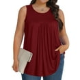 thumbnail image 1 of Vivianyo HD Women's Plus Size Round Neck Pleated Sleeveless Tank Top, Casual Loose Flowy Tunic Vest, Women's Wine, Sizes L-5XL, 1 of 6