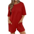 thumbnail image 1 of Vivianyo HD Women's Plus Size Solid Oversized Athletic Tee Romper Back V Neck Half Short Sleeve Wearing Both Front and Back Workout Rompers Casual Shorts Jumpsuit with Pockets, 1 of 5