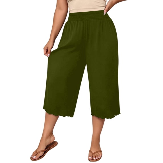 Vivianyo HD Women's Pluse Size Scalloped Hem Knit Culotte Pants, Womens Loose Smocked Elastic Waist Cropped Wide Leg Capris with Side Pockets, Women's Army Green, Sizes S-5XL