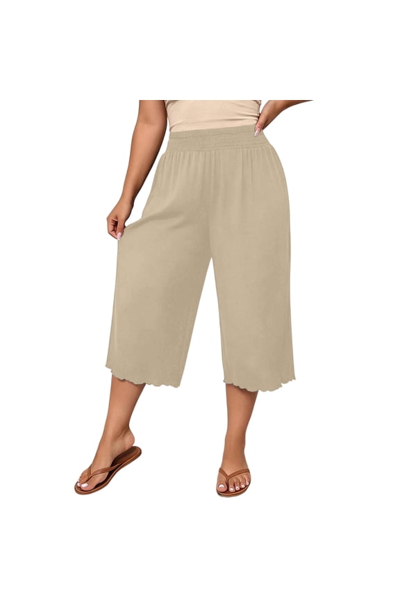 Women's Pluse Size Scalloped Hem Knit Culotte Pants, Womens Loose Smocked Elastic Waist Cropped Wide Leg Capris with Side Pockets, Women's Khaki, Sizes S-5XL