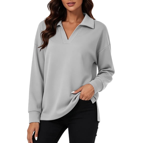 Vivianyo HD Women's Point Collar Split V Neck Long Sleeve Top, Side Slit Loose Fit Pullover Shirt for Autumn Commuting Casual Daily Activities, Sizes S-3XL