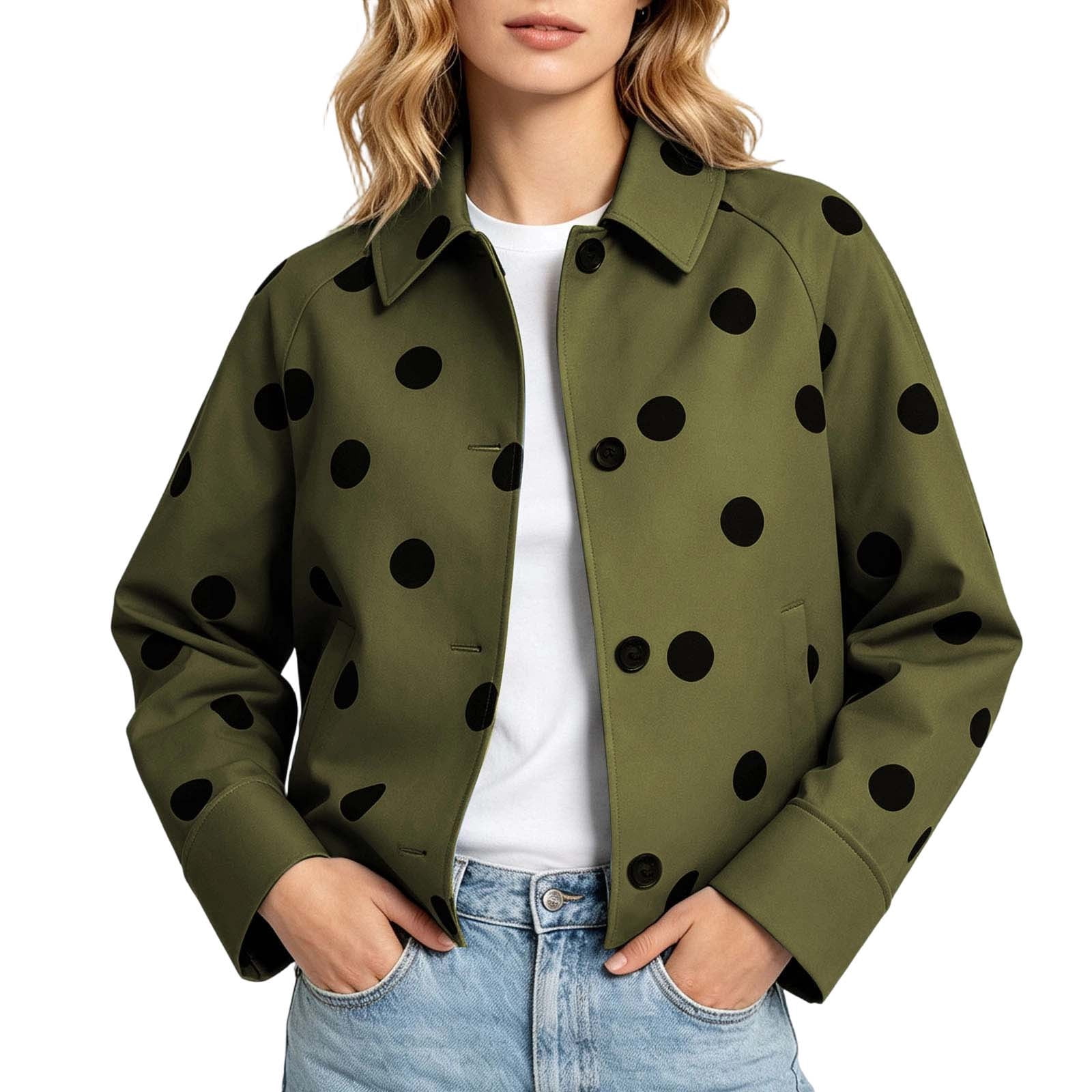 Vivianyo HD Women's Polka Dot Cropped Jacket, Button Collared Fall Coat ...