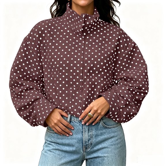 Vivianyo HD Women's Polka Dot Quilted Jacket with Pockets, Long Sleeve Stand Collar Zip Up Bomber Jacket, Sizes S-2XL