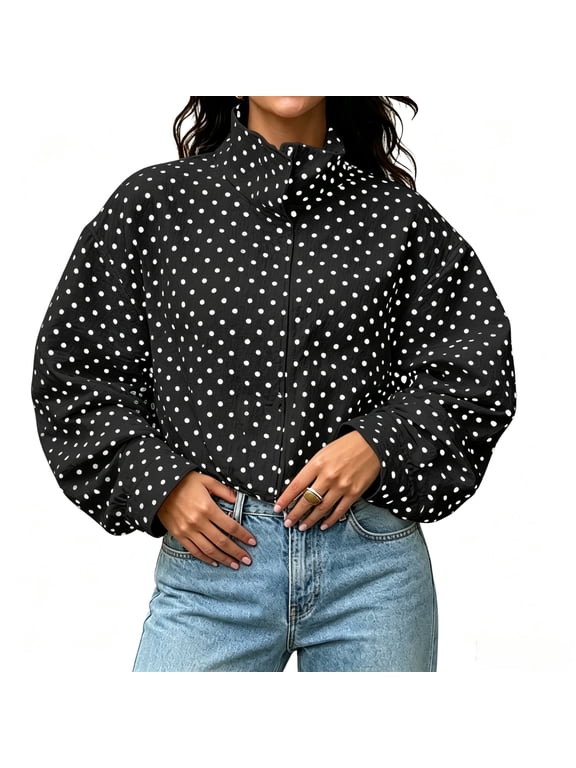 Women's Polka Dot Quilted Jacket with Pockets, Long Sleeve Stand Collar Zip Up Bomber Jacket, Sizes S-2XL