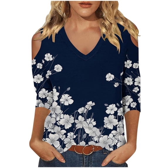 Vivianyo HD Women's Printed Cold Shoulder V Neck Tops, Straight Cut Three Quarter Sleeve Blouse, Spring Fall Casual Top for Daily Errands and Weekend Gathering, Sizes S-2XL