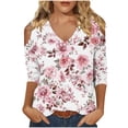 thumbnail image 1 of Vivianyo HD Women's Printed Cold Shoulder V Neck Tops, Straight Cut Three Quarter Sleeve Blouse, Spring Fall Casual Top for Daily Errands and Weekend Gathering, Sizes S-2XL, 1 of 4