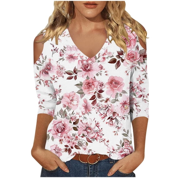 Vivianyo HD Women's Printed Cold Shoulder V Neck Tops, Straight Cut Three Quarter Sleeve Blouse, Spring Fall Casual Top for Daily Errands and Weekend Gathering, Sizes S-2XL