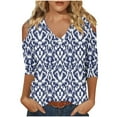 thumbnail image 1 of Vivianyo HD Women's Printed Cold Shoulder V Neck Tops, Straight Cut Three Quarter Sleeve Blouse, Spring Fall Casual Top for Daily Errands and Weekend Gathering, Sizes S-2XL, 1 of 4