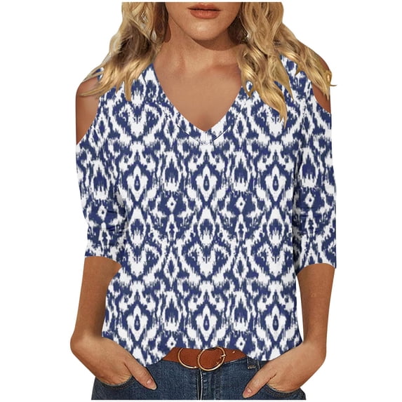 Vivianyo HD Women's Printed Cold Shoulder V Neck Tops, Straight Cut Three Quarter Sleeve Blouse, Spring Fall Casual Top for Daily Errands and Weekend Gathering, Sizes S-2XL