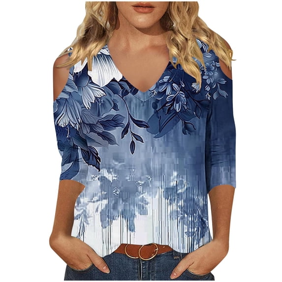 Vivianyo HD Women's Printed Cold Shoulder V Neck Tops, Straight Cut Three Quarter Sleeve Blouse, Spring Fall Casual Top for Daily Errands and Weekend Gathering, Sizes S-2XL