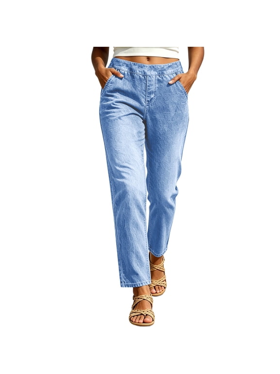 Women's Pull On Cropped Denim Trousers, Elastic Waist Ankle Length Straight Denim Pants with Side Pockets, Women's Casual Blue, Sizes S-3XL