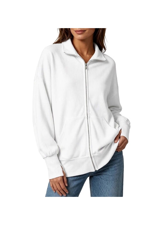Women's Ribbed Full Zip Sweat Jacket, Long Sleeve Collared Coat with Pouch Pocket, Sizes S-2XL