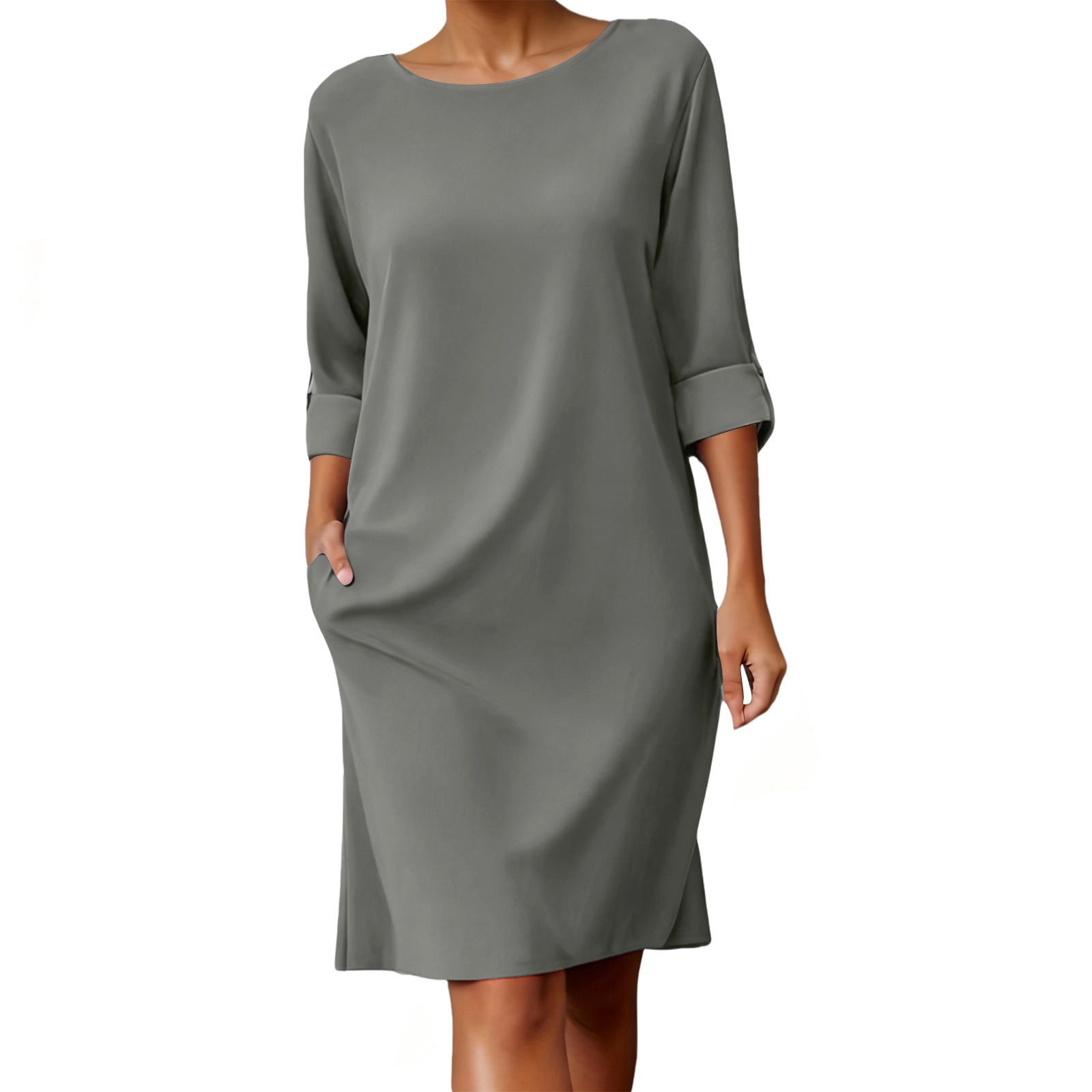 mid length casual dresses Vivianyo HD Women's Round Neck 3/4 Roll Cuff Tunic Midi Dress, Solid Loose with Side Pocket for Women, Women's Navy, Sizes S Short Sleeves Bateau A-Line eve Shein frenchy Assorted Collection Materials Size:43CM (17