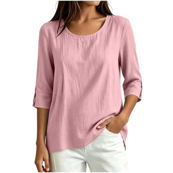 Vivianyo HD Women's Round Neck 3/4 Sleeve Blouse, Casual Woven Top for Women Everyday Wear, Women's Pink, Sizes S-2XL