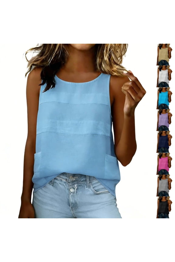 Women's Round Neck Blouse, Sleeveless Tops with Gathered Bust for Women Everyday Wear , Women's Light Blue, Sizes S-3XL